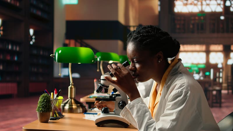 A researcher examining a specimen under a microscope